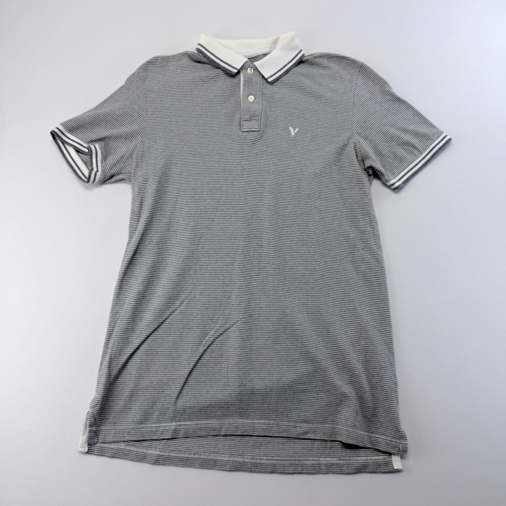 American Eagle Mens XS Super Soft Grey White Micro StripePolo Shirt Standard Fit